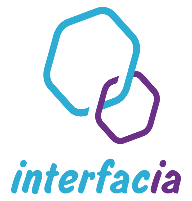 Logo de la marque "interfacia" avec des hexagones en bleu et violet.